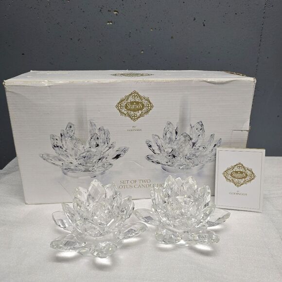 Shannon Crystal by Godinger Lotus Clear Candle Holder set NIB - Picture 1 of 6